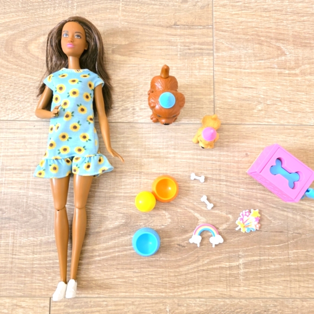 Barbie Puppy Doll Brunette, Birthday Play Set. 2 Puppies, Cake Mold